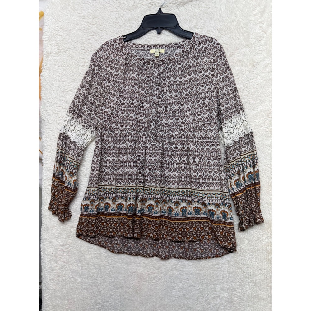 Kori America Blouse Womens S Boho Lace Crochet Damask Print Excellent - Picture 6 of 11